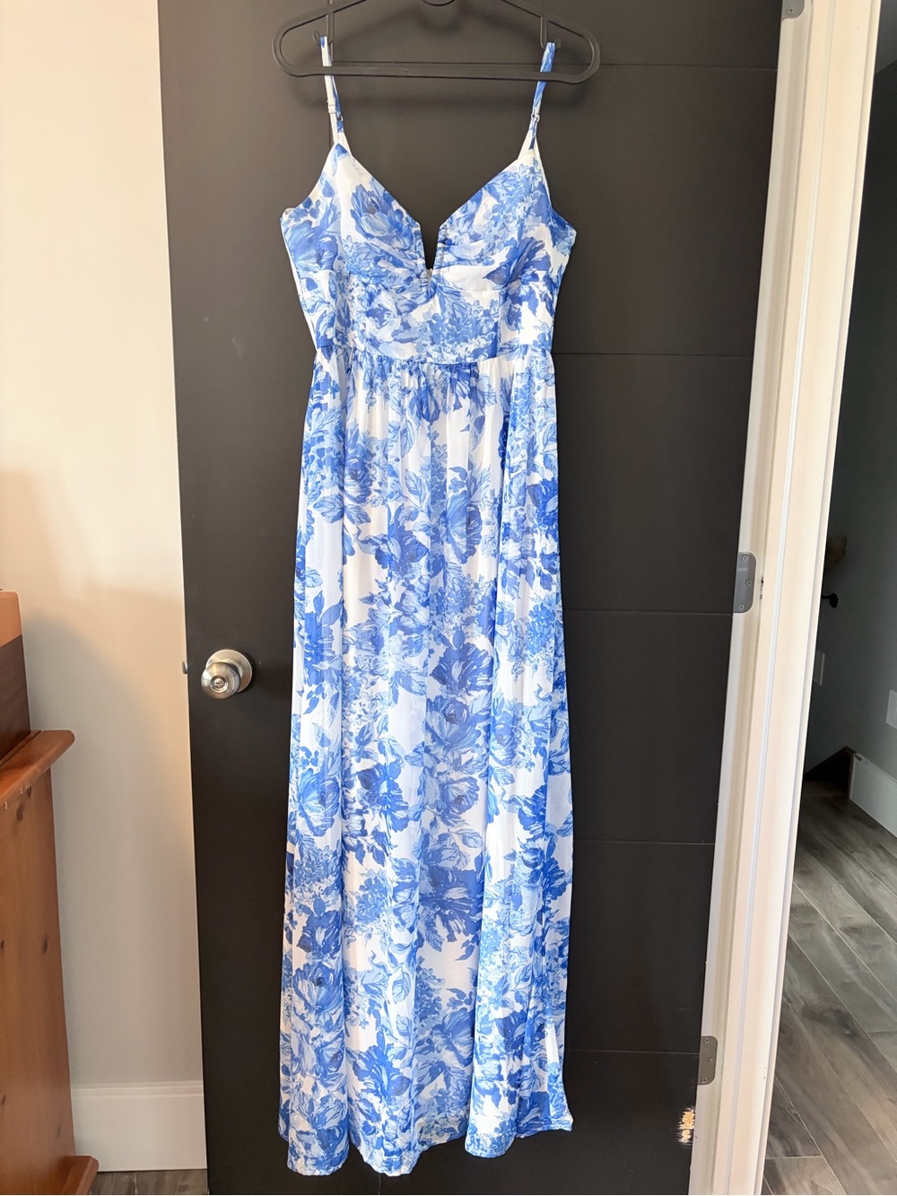 Blue Floral Maxi Dress with Spaghetti Straps